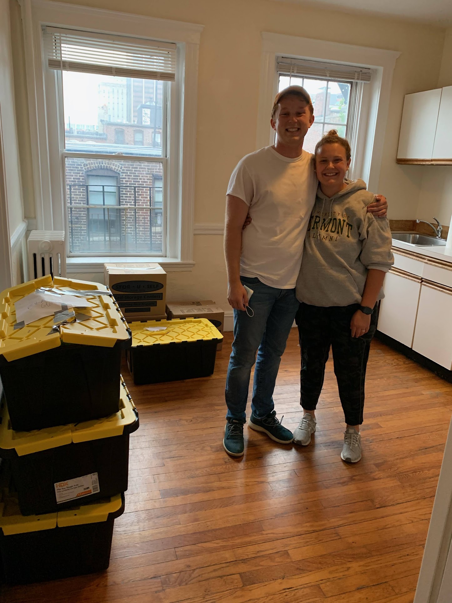 Anna and Alex on moving day in their first apartment in Boston