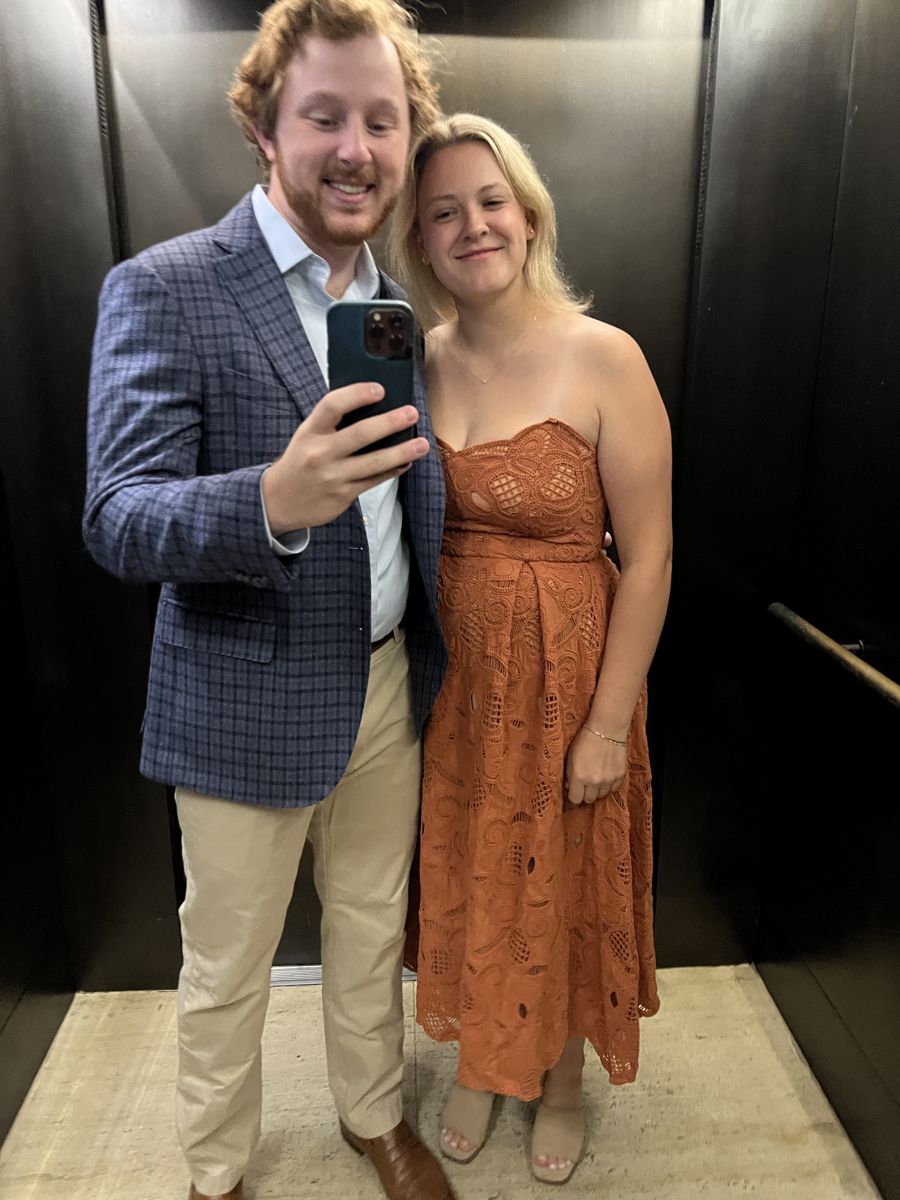 Anna and Alex in semi-formal outfits