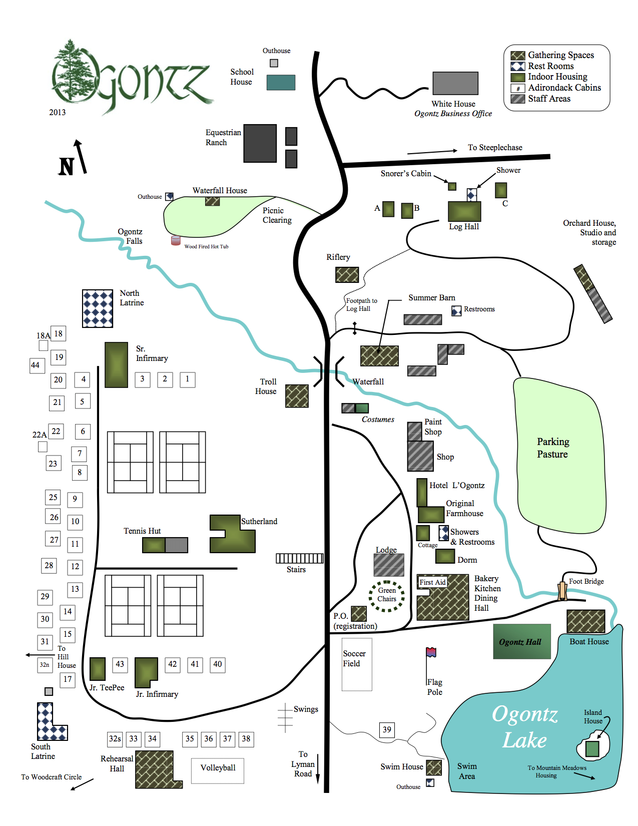 Map of Ogontz property showing cabins, lake, trails, and facilities